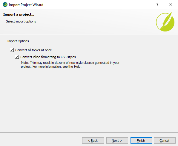 Convert all topics at once and Convert inline formatting to CSS styles options