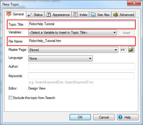 New Topic window fields