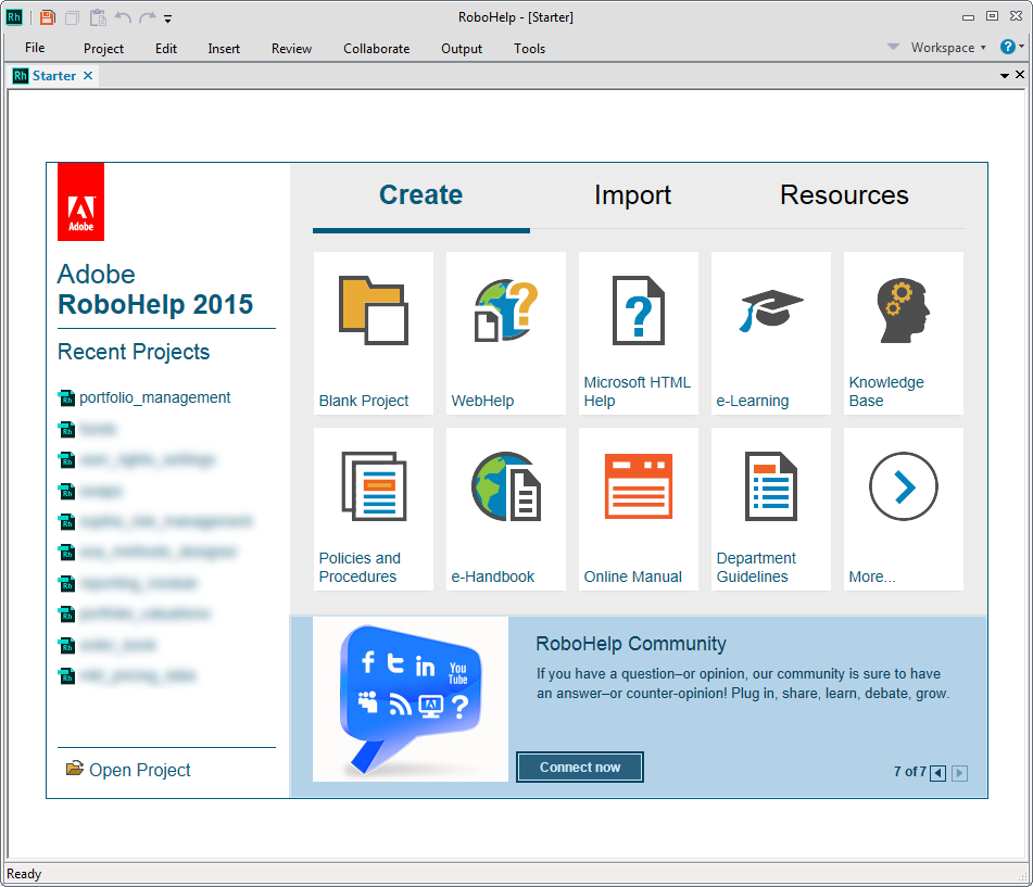 RoboHelp open project screen